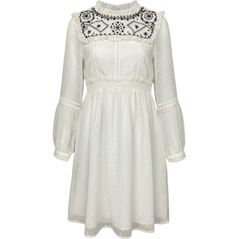 Willow & Clay White Swiss Dot Beaded Mini Dress Small Long Sleeve Ruffle Boho